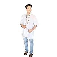 100% Cotton Men's Kurta Indian Casual Embroidered Shirt White Color Tunic Half Sleeve