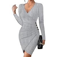 Slim Office Lady Dress Rib V-Neck Slit Knitted Dress for Women Autumn Winter Long Sleeve Bodycon Dresses Solid Color