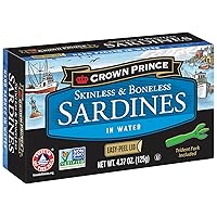 Crown Prince Skinless & Boneless Sardines in Water, EZ Peel lid w/Trident, 4.37 oz cans (Pack of 12)