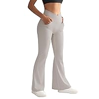 SUUKSESS Women Ribbed Crossover Flare Leggings V Back Yoga Pants with Pockets