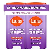 Lume Whole Body Deodorant - Smooth Solid Stick - 72 Hour Odor Control - Aluminum Free, Baking Soda Free and Skin Safe - 2.6 Ounce (Pack of 2) (Lavender Sage)