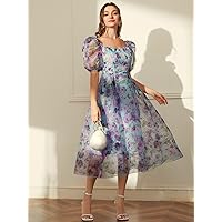 Women's Dresses Casual Wedding Allover Floral Print Puff Sleeve Dress Wedding Guest (Color : Multicolor, Size : X-Large)
