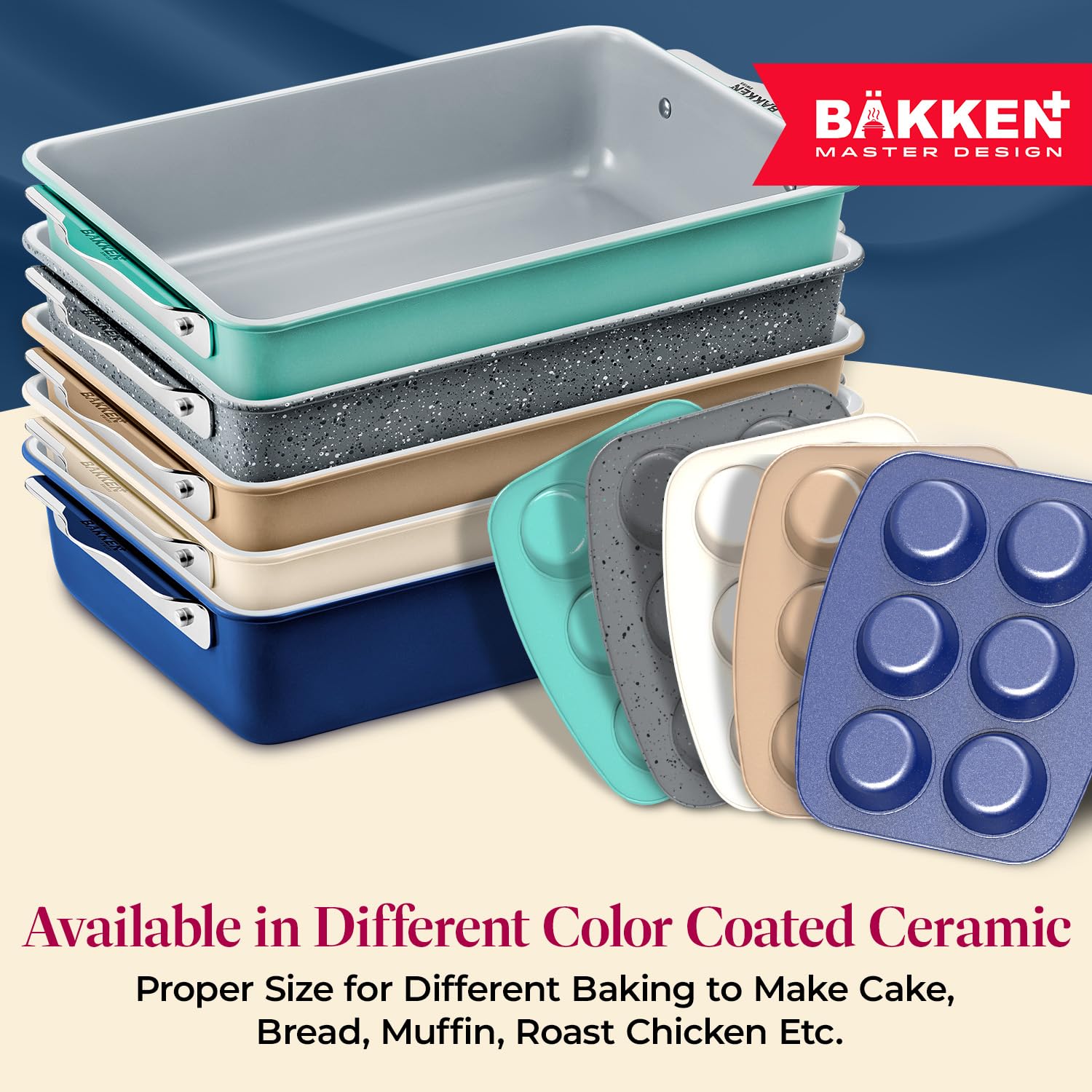 Bakken 8-Piece Stackable Bakeware Set - Ceramic Non-Stick Coating, Baking Sheets, Assorted Baking Pans, PTFE, PFOA & PFOS Free - Healthy Baking, Ergonomic Handles, Cooling Rack, Non-Toxic, Oven-Safe