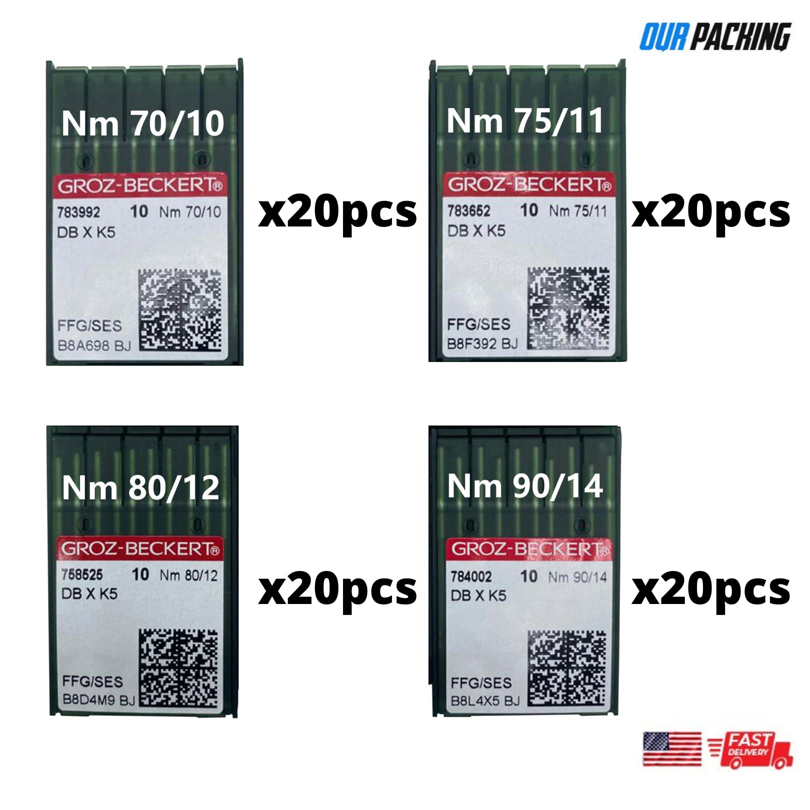 Groz-Beckert 80 PCS GROZ-BECKERT DBXK5 Needle FFGBall Point 20 PCS of Each Size (7010) (7511) (8012) (9014) Embroidery Sewing Machine Needles Compatible with Tajima Barudan SWF Feiyue Feiya