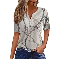 Short Sleeve Shirts for Women,Tops for Women Trendy Geometric Print V Neck Button Top Summer Tops for Women 2024