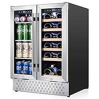 Tylza Wine and Beverage Refrigerator 24 Inch Dual Zone, French Door Wine and Beverage Cooler 24'' Built-In or Freestanding Drink Fridge, Under Counter Beer Refrigerator