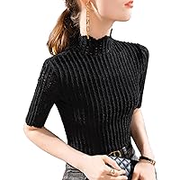 Women's Fashion Lace Top Mock Neck Half Sleeve Crochet Soft Blouses Elegant Work Shirt Best Gift for Mom Wife