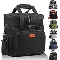 Expandable Insulated Large Lunch Box, Double Deck Heavy Duty Durable Lunch Bag Leakproof Cooler Bags for Men Women Adults Work Shift Flight Beach Daytrip, 20 Can, Black