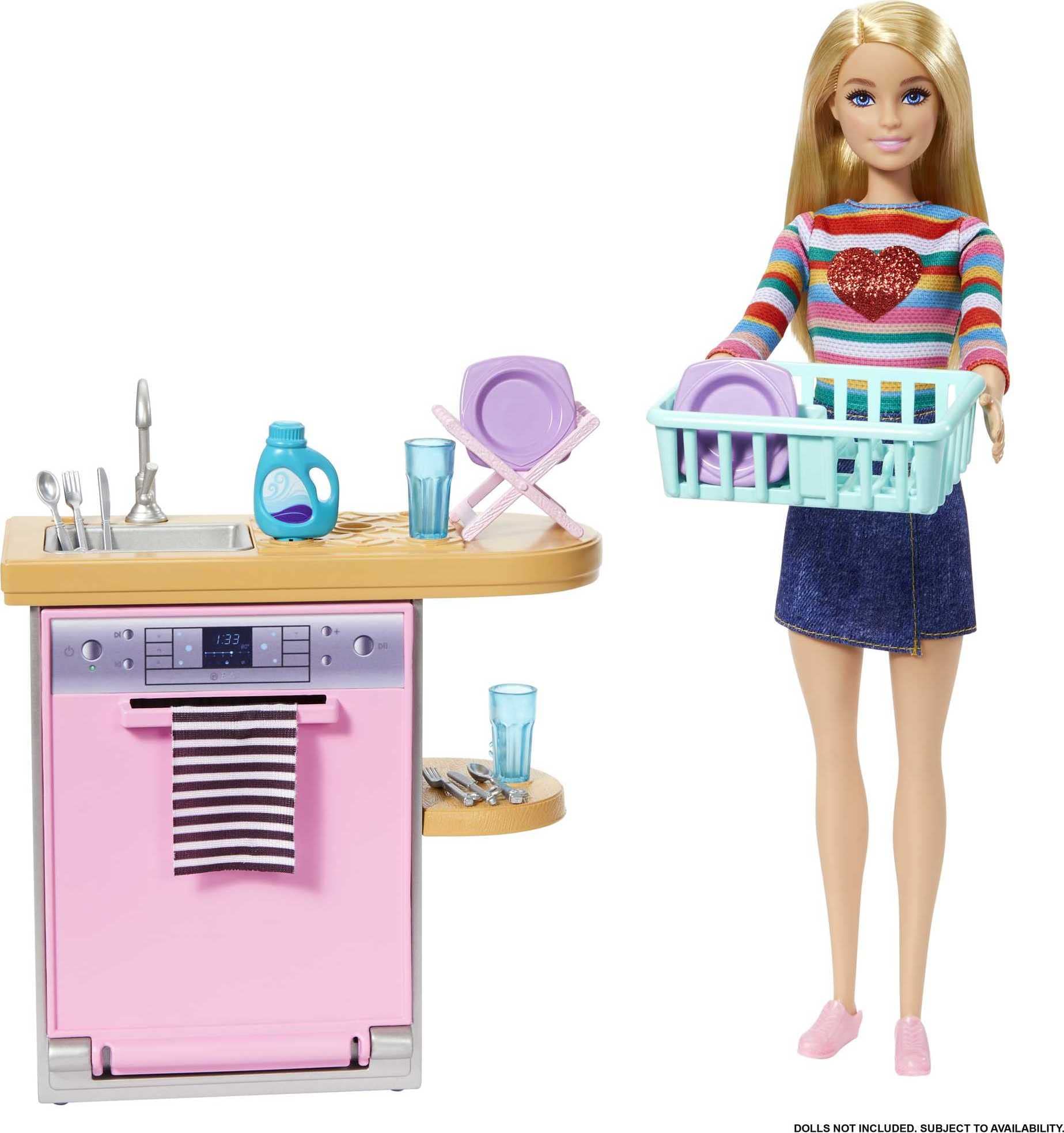 Barbie Furniture and Accessories, Doll House Decor Set with Dishwasher Theme, Kitchen Add-On with Counter Sink
