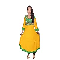 Women's Long Dress Casual Cotton Tunic Embroidered Yellow Color Maxi Dress Plus Size