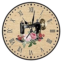 Flower Sewing Machine Wood Wall Clocks Sewing Forever Large Wall Clock 15inch Watercolor Silent Non-Ticking Battery Operated Printed Wall Clock for Living Room Home Craft Room Decor Bedroom