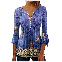 Button Down Shirts for Women Print Tunic Summer Tops Dressy Casual Bell 3/4 Summer Vacation Tops for Women