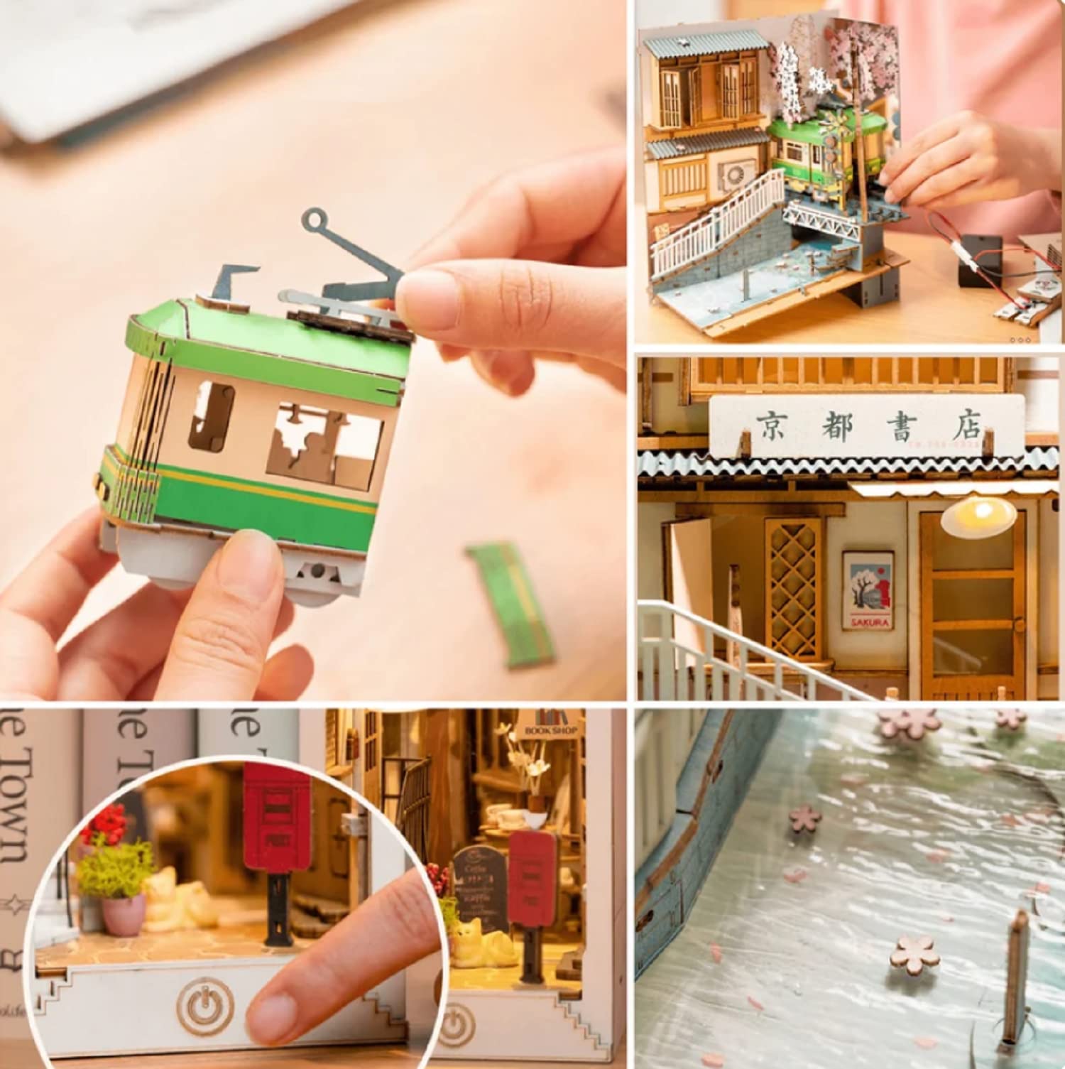 Rolife DIY Book Nook Kits Sakura Densya, 3D Wooden Puzzles Bookshelf Insert Decorative Bookend Model Kits with LED, DIY Crafts/Birthday Gifts/Home Decor for Girls&Boys Teens&Adults (Sakura Densya)