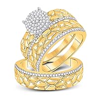 The Diamond Deal 10kt Yellow Gold His Hers Round Diamond Nugget Cluster Matching Wedding Set 3/8 Cttw