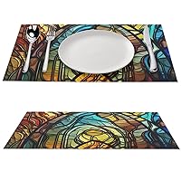 1 PCS Placemats Heat Resistant Non-Slip Place Mats for Dining Table Washable Woven Table Mats Stained Glass Art Placemats for Kitchen Wedding Parties