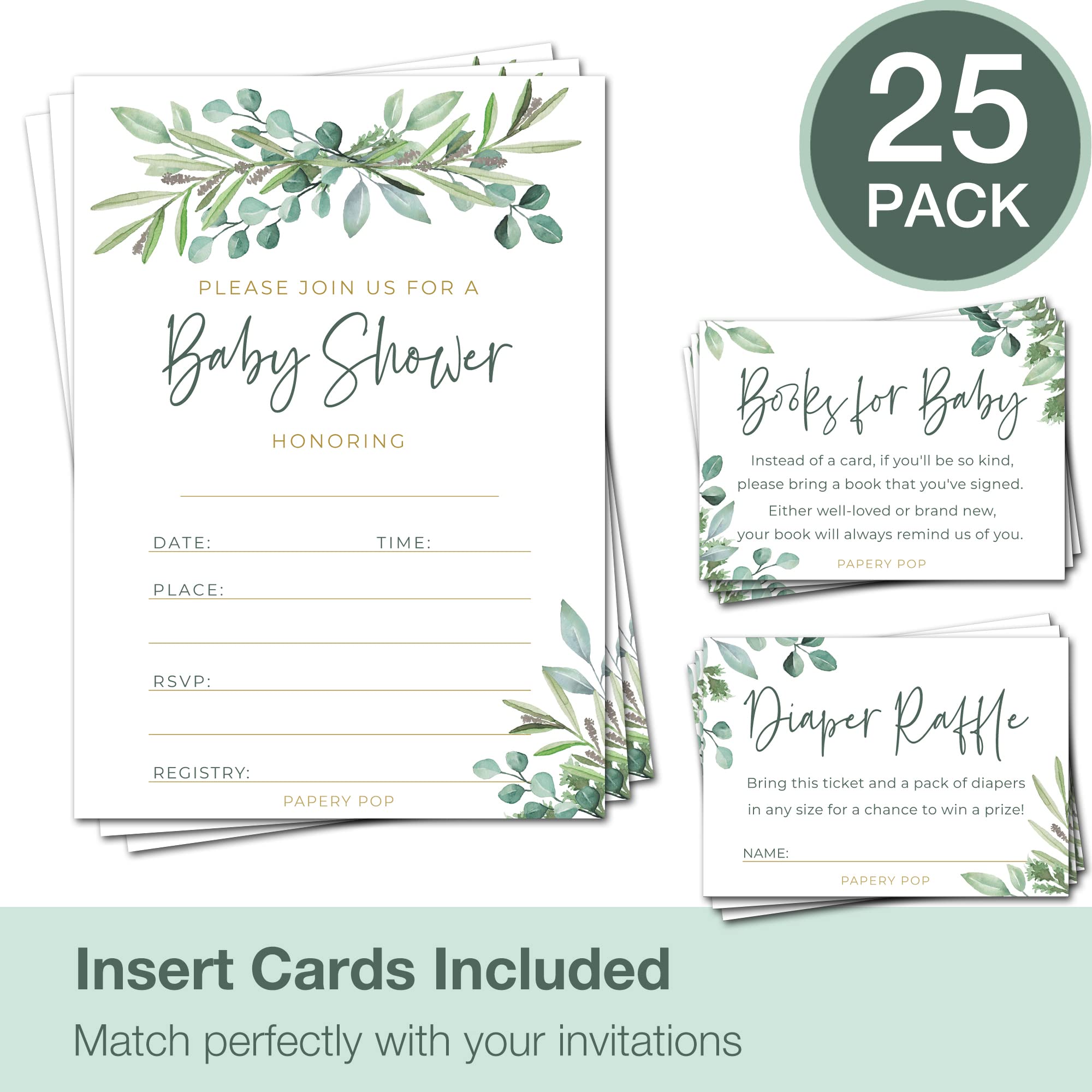 Set of 25 Baby Shower Invitations with Envelopes, Diaper Raffle Tickets and Baby Shower Book Request Cards - Eucalyptus