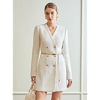 Dresses for Women Wool-Mix Tweed Fitted Dress Without Belt (Color : Beige, Size : Large)
