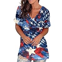 Womens Split Side Hem American Flag Tunic T-Shirts Summer July 4th Plus Size Short Sleeve V Neck Casual Loose Tops