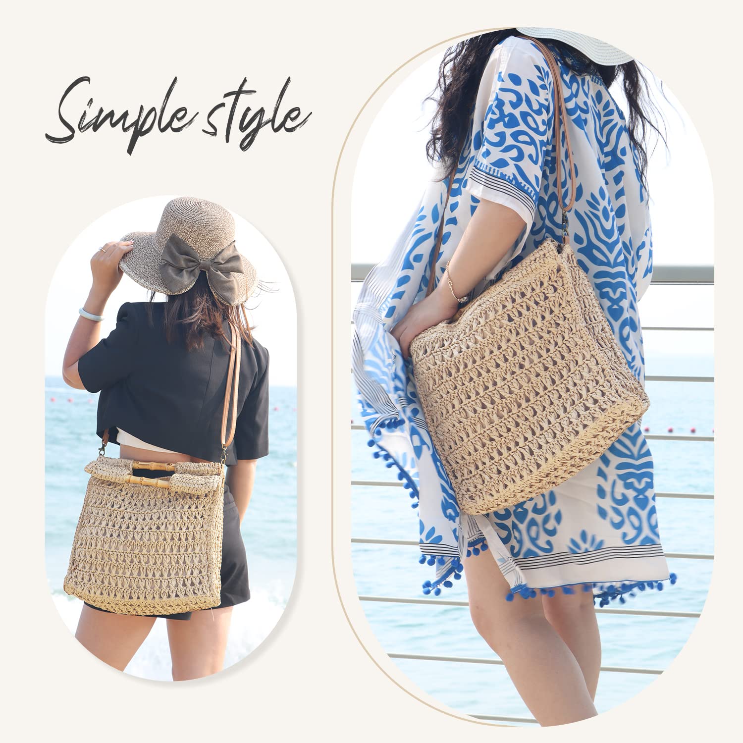 Oweisong Women Straw Beach Tote Bag Summer Large Bamboo Top Handle Handbag Hand Woven Shoulder Crossbody Purse for Travel