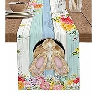 Farm Rabbit Butt Table Runner 90 Inches Long for Dining Table, Washable Cotton Linen Farmhouse Table Runners Dresser Scarf for Kitchen Party Holiday Easter Egg Spring Botanical Wooden