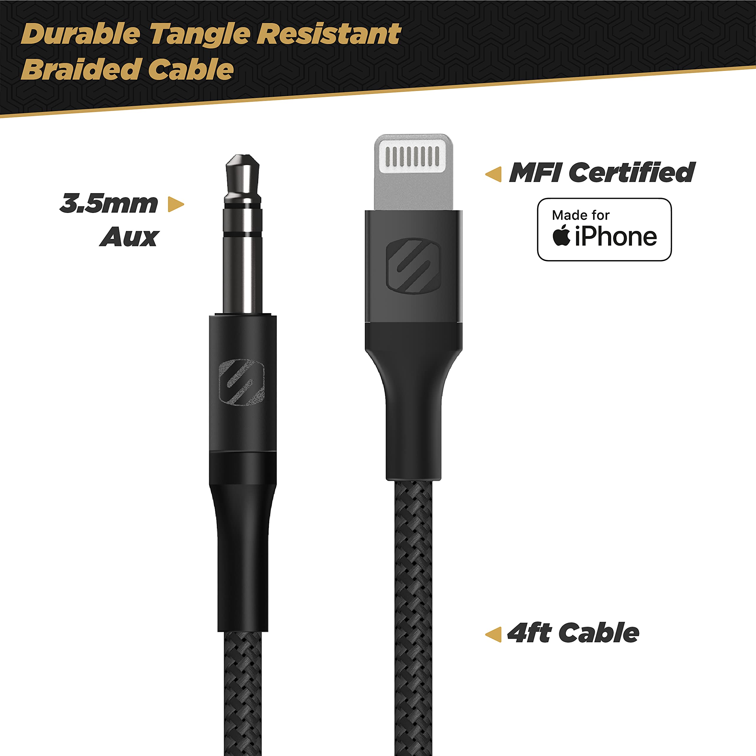 Scosche i3AUXB4RCAA-SP 3.5mm AUX to MFi Certified Lightning Braided Cable & RCA Audio Adapter Kit 4-ft. Space Gray