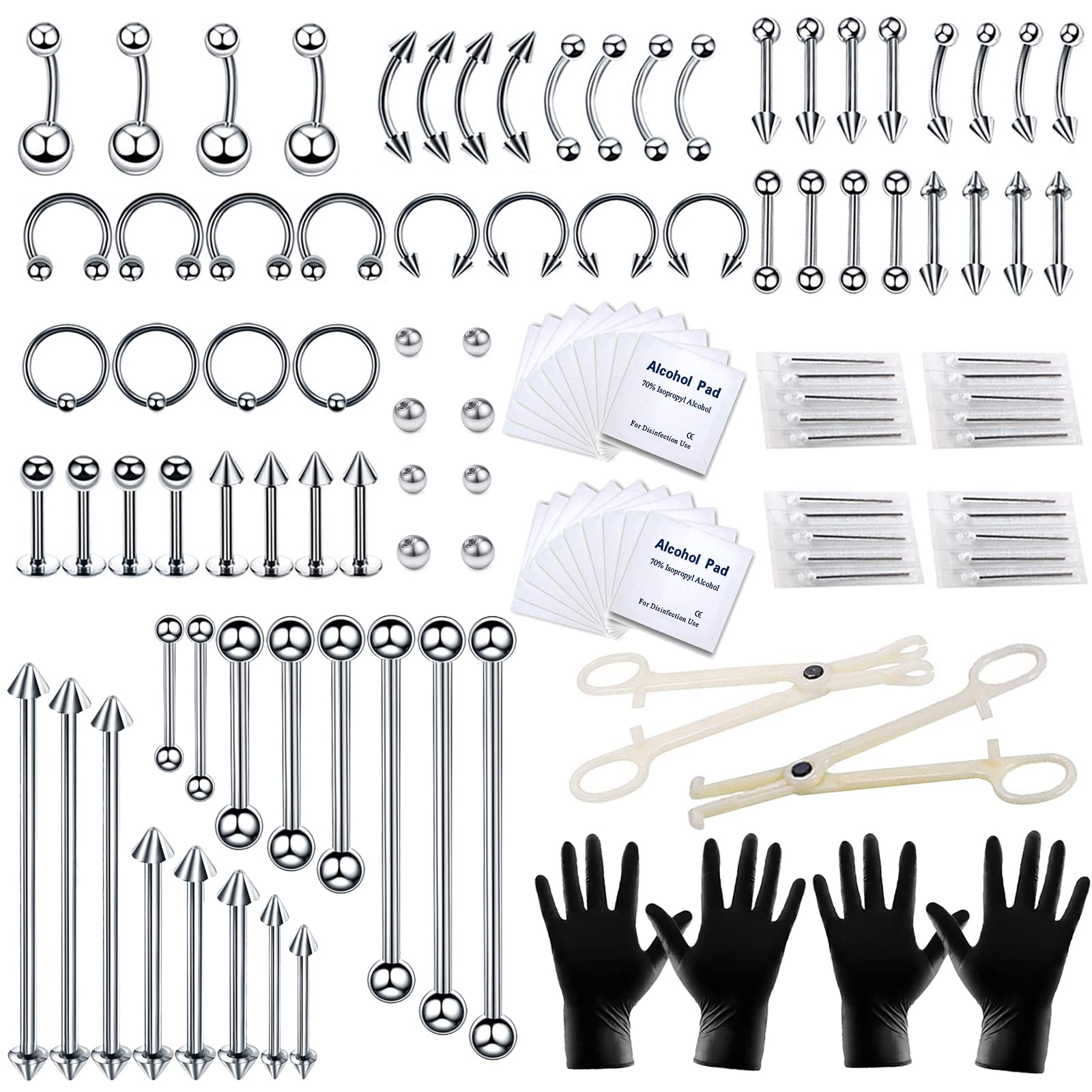 Tustrion 118PCS Piercing Kit for All Body Piercings Stainless Steel Piercing Jewelry 14G 16G Jewelry for Ear Cartilage Tragus Nose Septum Lip Nipple Piercing Tools