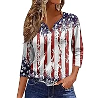 USA Shirts for Women Patriotic American Flag Print Button V Neck 3/4 Length Sleeves 4th of July Tops for Women 2024