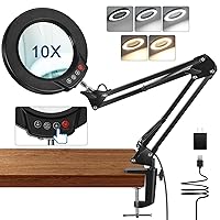 10X Magnifying Glass with Light and Clamp, 5 Color Modes Stepless Dimmable Real Glass Lighted Magnifier, Hands Free LED Magnifying Desk Lamp for Painting Craft Close Work Reading Repairing