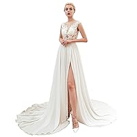 Women's A-Line Sleeveless Lace Applique Split Wedding Dress