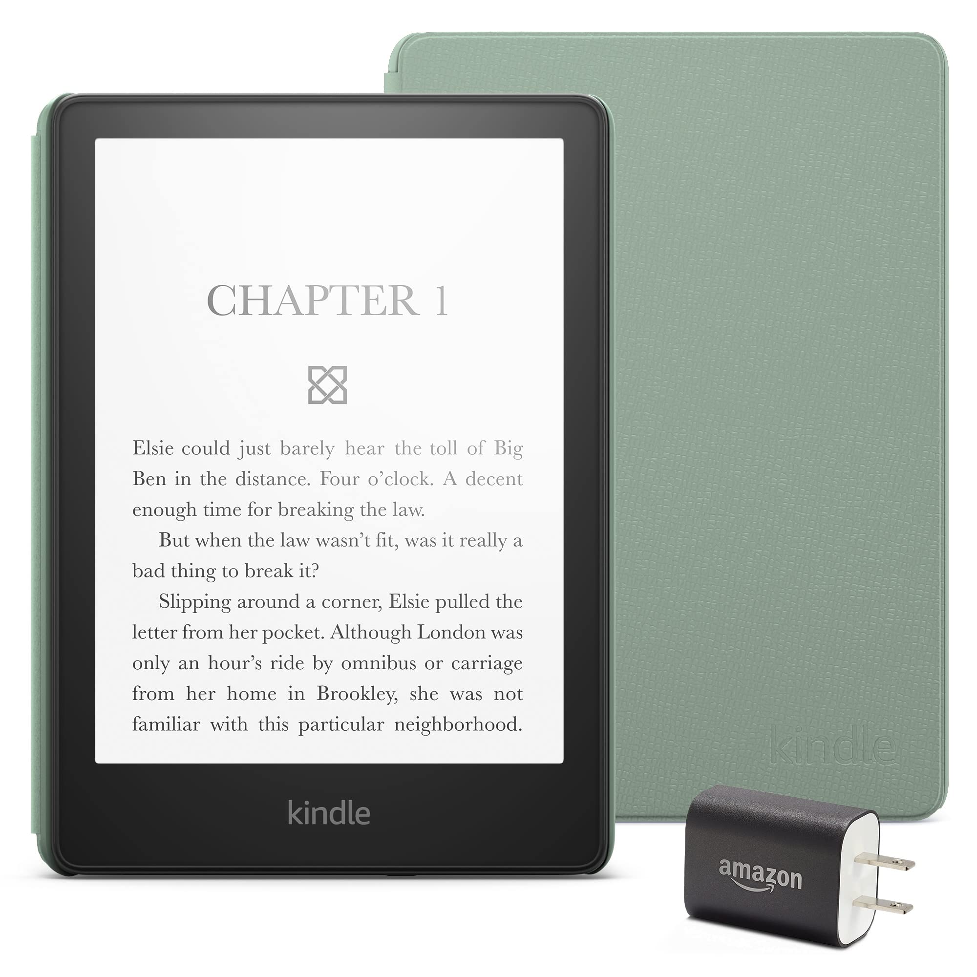Kindle Paperwhite Essentials Bundle including Kindle Paperwhite (16 GB) - Black - Without Lockscreen Ads, Leather Cover - Agave Green, and Power Adapter