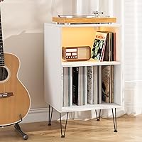 HOMMPA Record Player Stand with LED lights White Record Storage Stand Vinyl Record Storage Cabinet with Metal Hairpin Legs Turntable Stand Table Holds Up to 150 Albums for Living Room Bedroom White