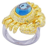 18k Gold and Sterling Silver Genuine Swiss Blue Topaz and Cubic Zirconia Crab Ring, Size 7