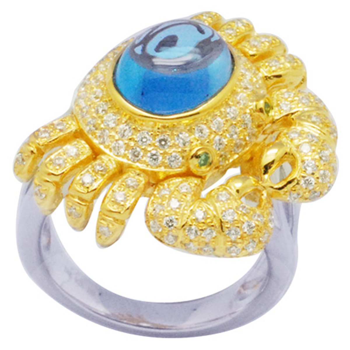 De Buman 18k Gold and Sterling Silver Genuine Swiss Blue Topaz and Cubic Zirconia Crab Ring, Size 7