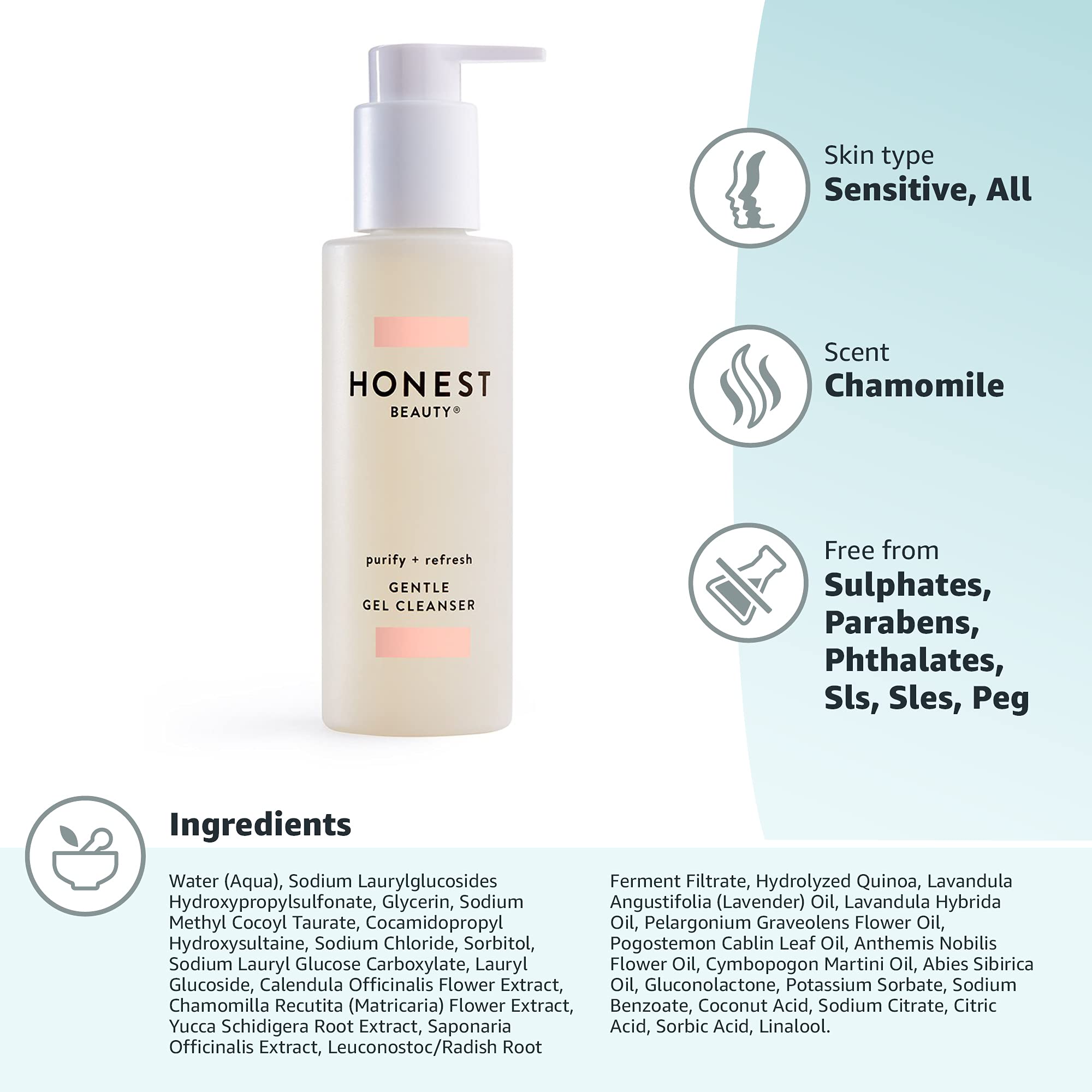 Honest Beauty Gentle Gel Cleanser with Chamomile & Calendula Extracts, Sulfate and Paraben Free, 5.0 Fl Oz