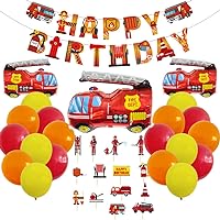 Construction Birthday Party Supplies Vehicle Happy Birthday Banner Truck Balloons Excavator Tractor Foil Balloons Barricades Sign Cake Topper for Boys Birthday Party Decoration - Fire Truck