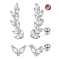 2 Pairs Sterling Silver Cartilage CZ Stud Earrings for Women White Gold Plated Leaf Star Climber Earrings 20G Helix Conch Cartilage Piercing Jewelry Set for Sensitive Ears