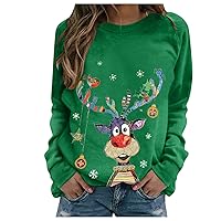 Women Christmas Elk Print Shirt Snowflake/Reindeer/Christmas Tree Plaid O Neck Pullover Workout Cute Sweater