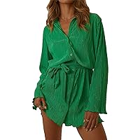 Women Shirt Dresses Long Sleeve Pleated Mini Dress Casual Button Down Tunic Tops with Belt Vintage Streetwear