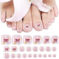 48Pcs French Tip Toe Nails Pink Butterfly Fake Toenail Full Cover Toenail Tips Acrylic Stick on Toe Nails Accessories for Women Girls,2 pcs GelatinJelly Glue