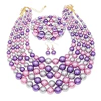 Large Faux Pearl Necklaces for Women Multi strand Pearl Necklace Bracelet and Earrings Set Costume Pearls Necklace Jewelry Ladies