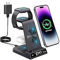 Wireless Charging Station, YiJYi 3 in 1 Watch Charger Stand with Digital Clock Suitable for iWatch SE/6/5/4/3/2/1,AirPods Pro, for iPhone 15/14/13/12/11 Pro Max/XS/XR/X/8/Samsung S23/S22/S21