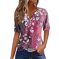 Graphic Tees for Women,Short Sleeve Shirts for Women Fashion V-Neck Button Boho Tops for Women Going Out Tops for Women