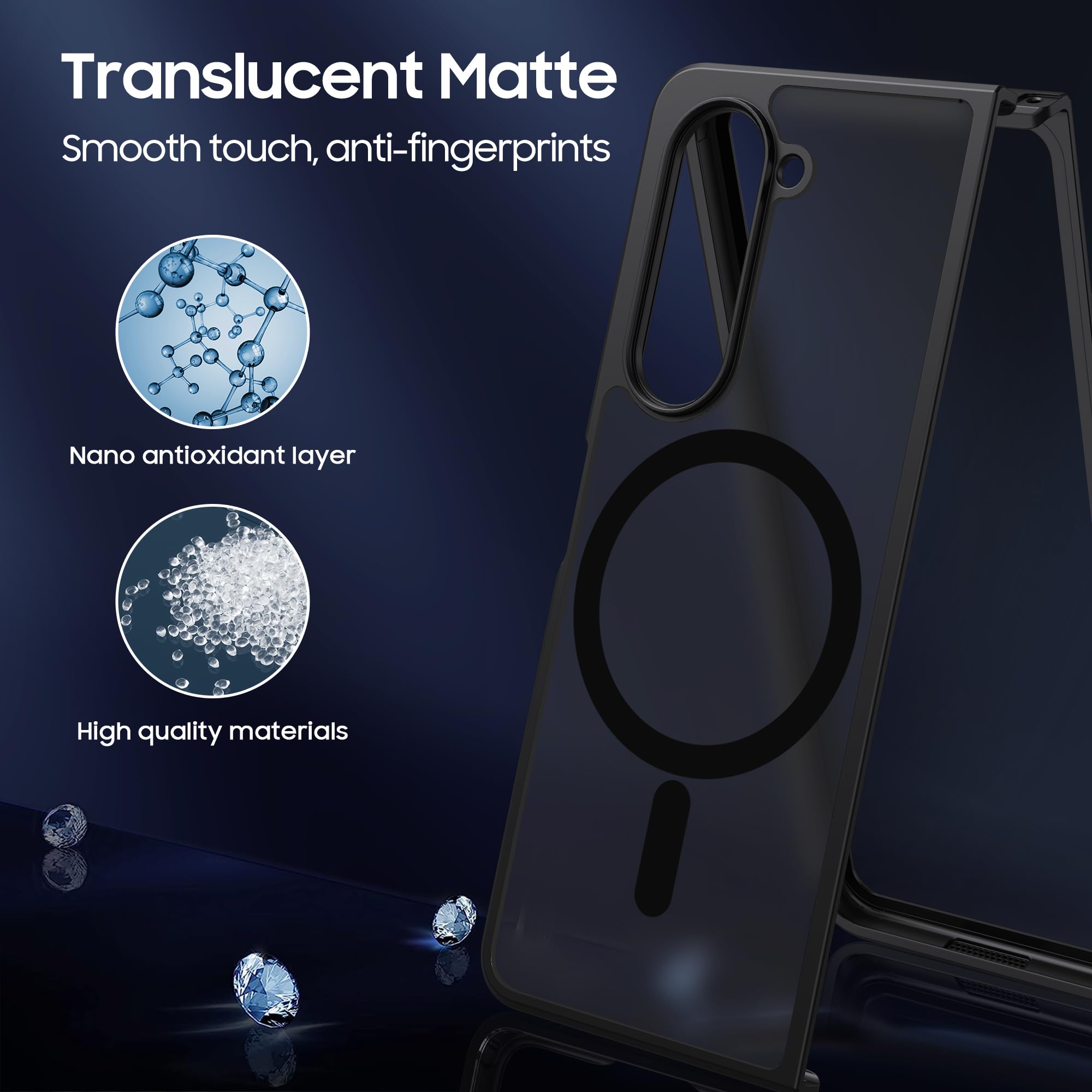 MAKAVO Magnetic for Samsung Galaxy Z Fold 5 Case [Compatible with MagSafe] Slim Translucent Matte Hard Back & Soft Black Bumper, Military Grade Drop Proof Cover, Shockproof Phone Case