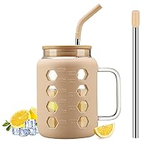 MUKOKO 32oz Glass Tumbler with Bamboo Lid and Straw, Glass Water Bottles with Time Marker, Iced Coffee Cup with Handle, Two Straw - Straw & Drinking Straw BPA Free Silicone Sleeve - Amber