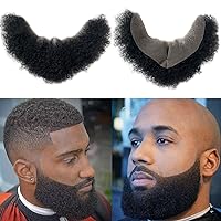 Human Hair Afro Curl Face Beard Mustache for American Black Men Realistic Makeup Lace Base Replace System 12 * 3Inch (1B Black Color)