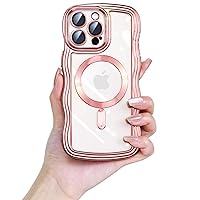 JUESHITUO for iPhone 15 Pro Max Case with Cute Curly Wave Frame Shape [Compatible with MagSafe] [Integrated Lens Cover] Metallic Shiny Glossy Soft Bumper Case for iPhone 15 ProMax Women Girl, Pink