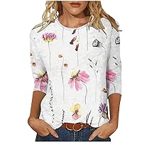 Ladies Tops and Blouses 3/4 Sleeve Floral Stone Print Shirt Tees Round Neck Basic T-Shirts Cloth Fashion Tunics