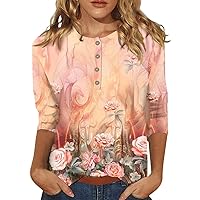 Womens 3/4 Sleeve Tops 2024 Dressy Casual Button Up Blouses Floral Work Shirts