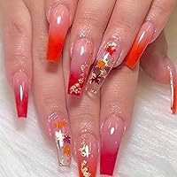 24Pcs Fall Press on Nails Medium Length Square Maple Leaf Fake Nails Red French Tip Nails Acrylic False Nails with Thanksgiving Maple Leaf Gradient Design Glue on Nails for Women Nail Decoration