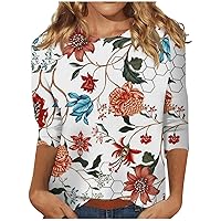 3/4 Sleeve Shirts for Women Crew Neck Floral Blouse Ladies Tops and Blouses 3/4 Sleeve Cute Floral Graphic Tees